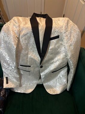 Mens White Brocade Dinner Jacket with Black Shawl Lapel